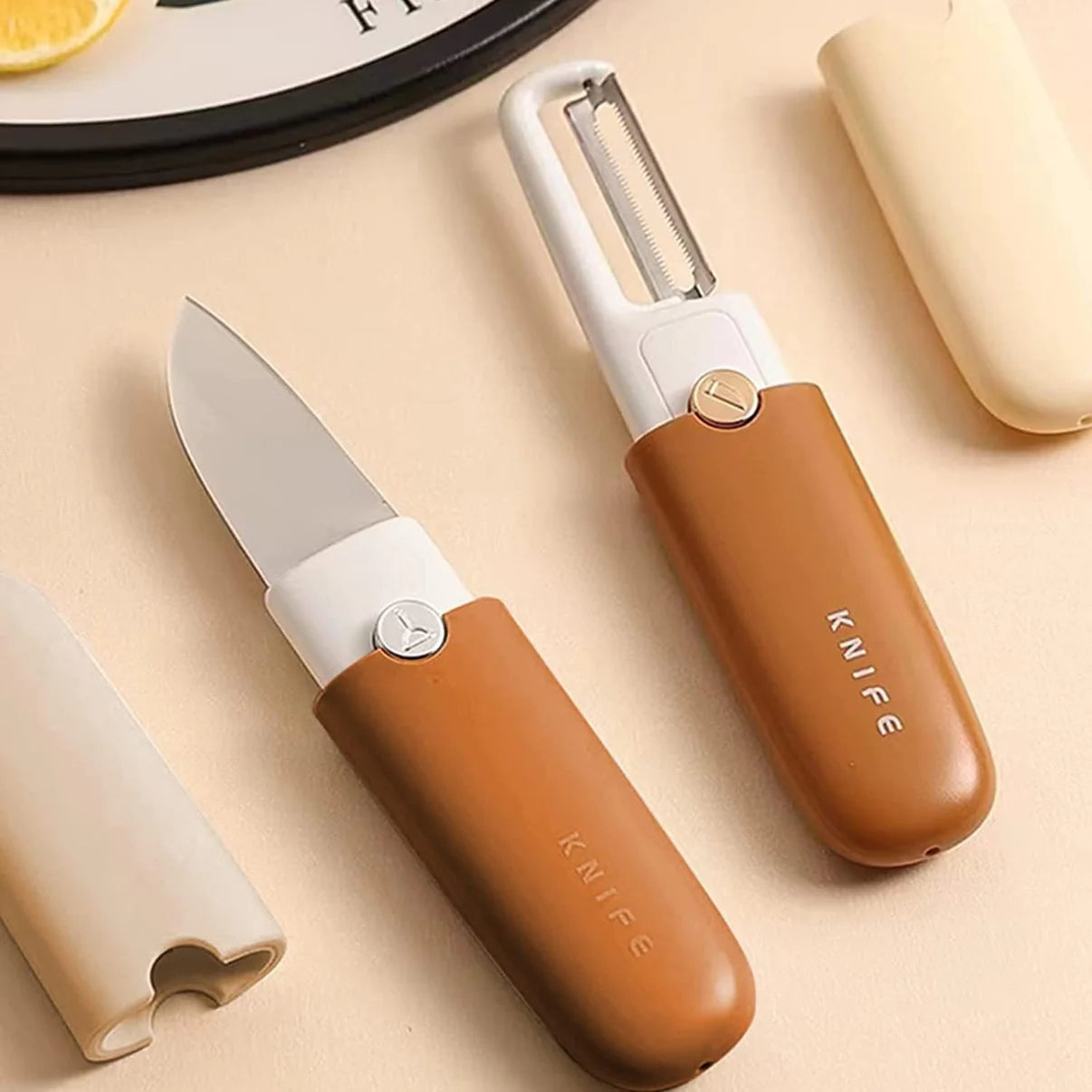Multi-functional Fruit Knife & Veggie Peeler Combo – Perfect for Travel, Picnics, and Bachelor Kitchens