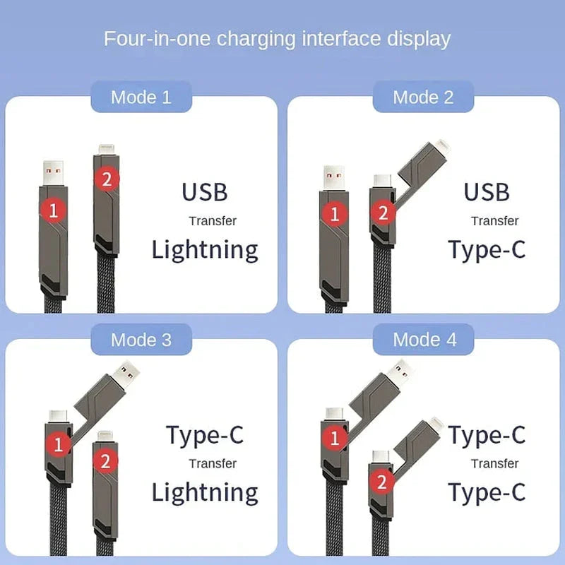 QuadLink™ 4-in-1 Flat Braided Anti-Tangle Charger Cord with Velcro