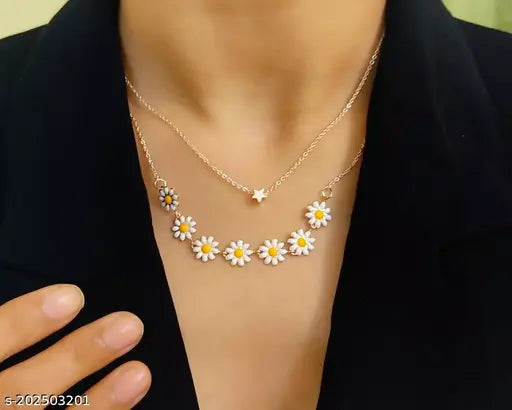 Beautiful Golden Daisy Heart Two-Layered Necklace