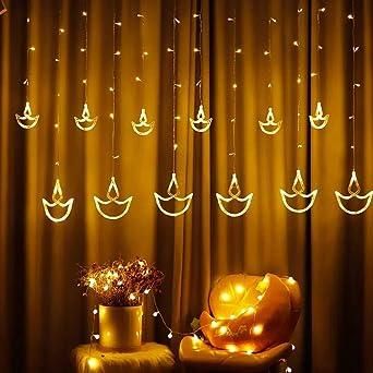 12 Hanging Warm White Diya/Diwali Light Curtain Led String Lights - 8 Flashing Modes Decoration Prong Base