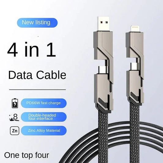 QuadLink™ 4-in-1 Flat Braided Anti-Tangle Charger Cord with Velcro