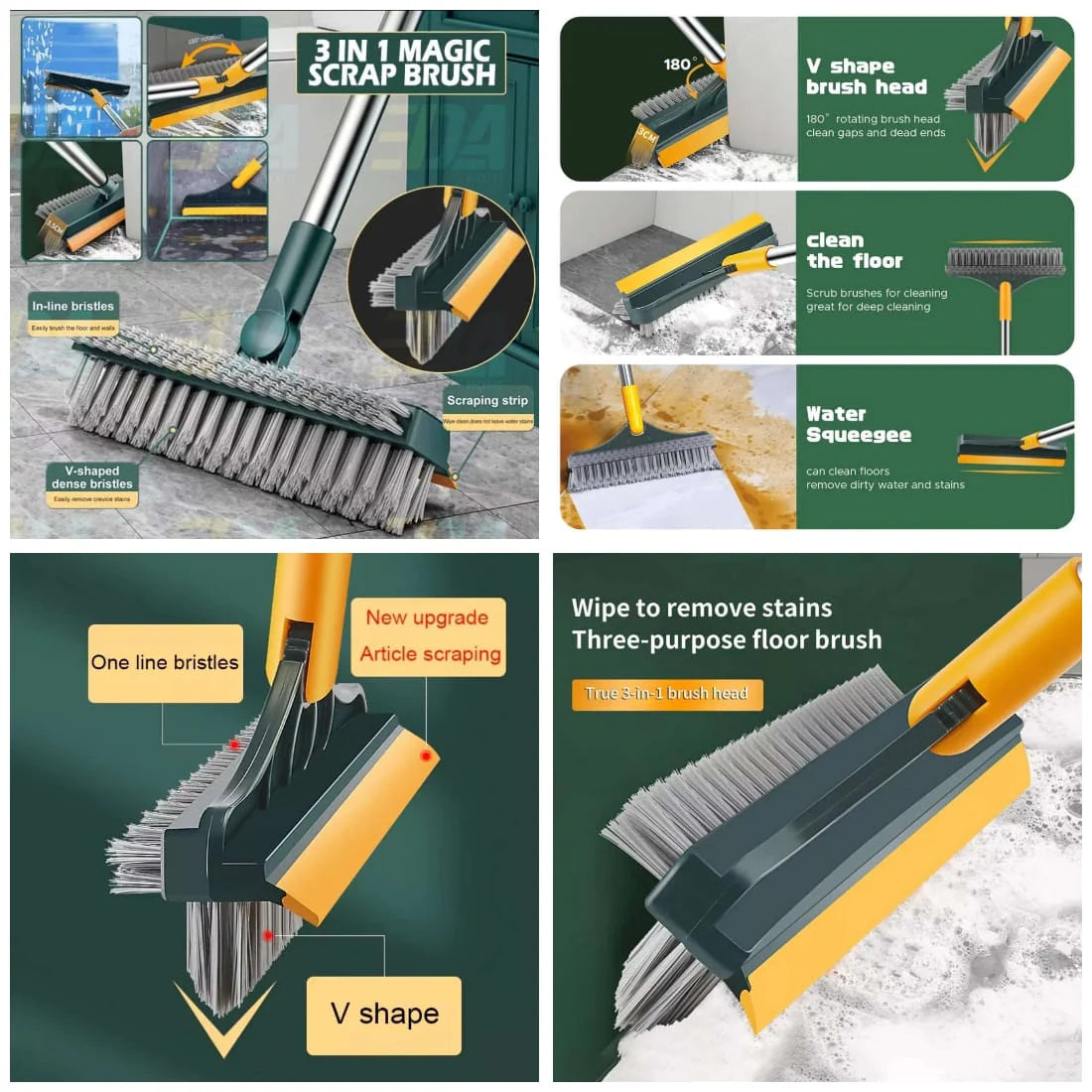 Floor Brush- 2 In 1 Long Handle Wiper Stiff Bristle Floor Brush