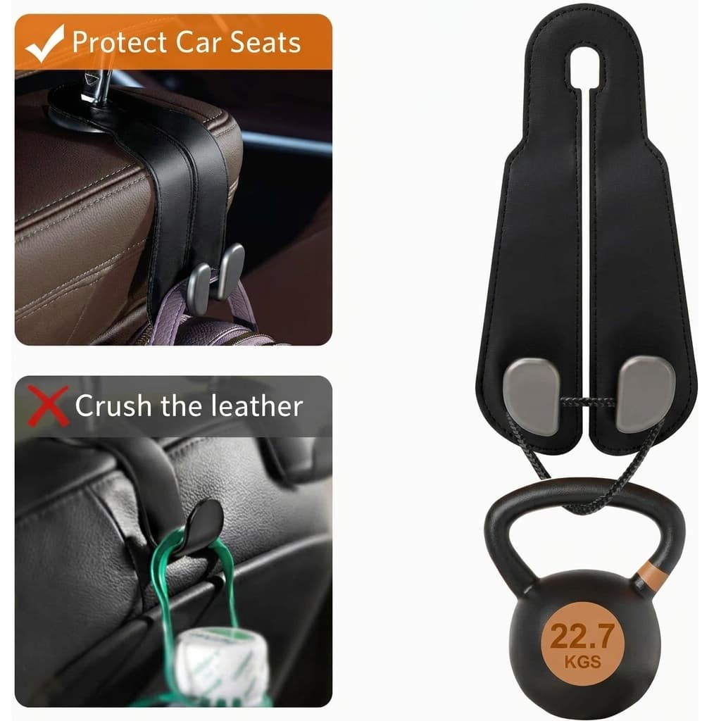 VeltiHook™ – Premium Leather Car Seat Hook | Hang Purses & Bags Instantly | Fits All Cars | 2-Pack (Black)