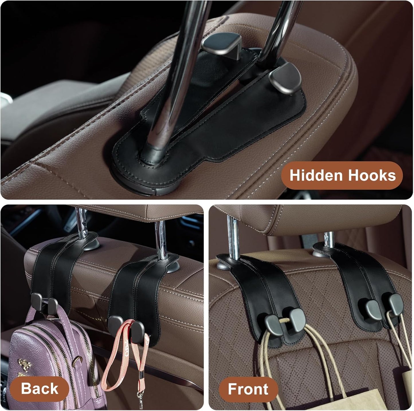 VeltiHook™ – Premium Leather Car Seat Hook | Hang Purses & Bags Instantly | Fits All Cars | 2-Pack (Black)