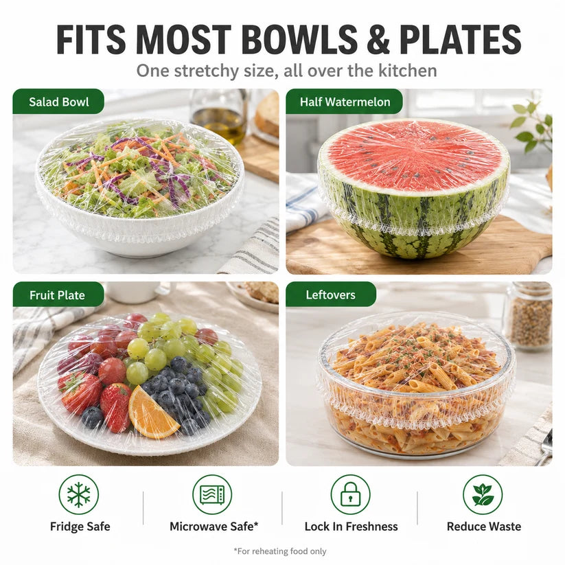 Disposable Food Covers Elastic Plastic Lids (Pack of 100)