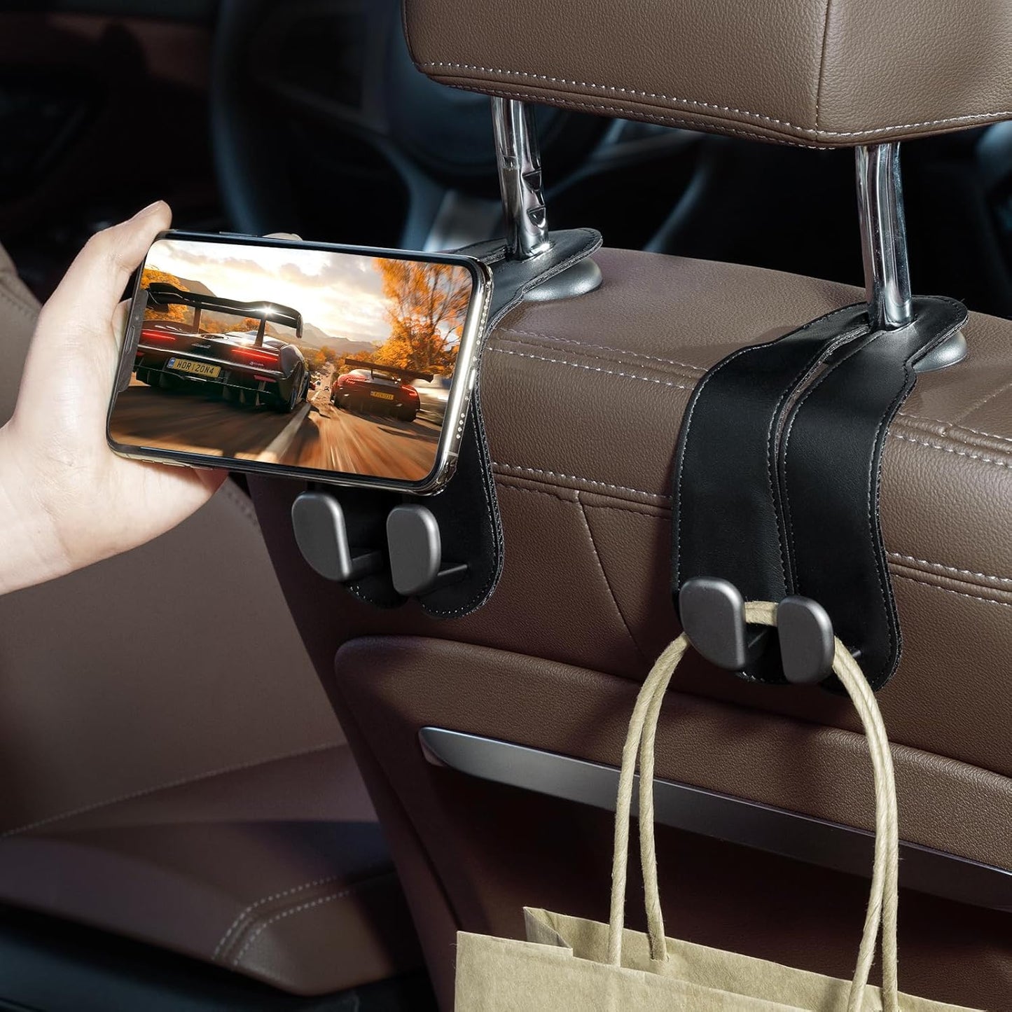 VeltiHook™ – Premium Leather Car Seat Hook | Hang Purses & Bags Instantly | Fits All Cars | 2-Pack (Black)