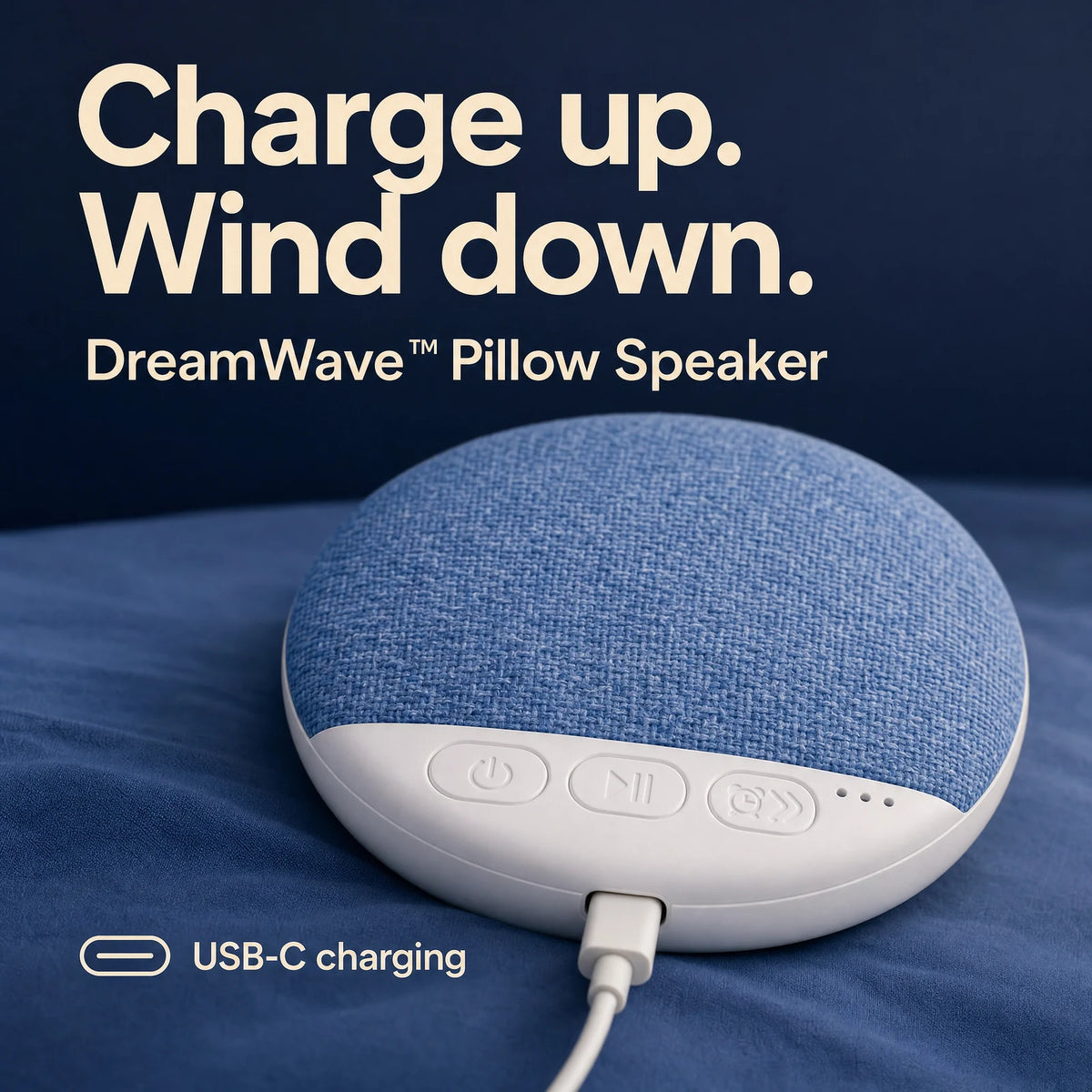 DreamWave pillow speaker charging by USB-C. Charge up. Wind down.