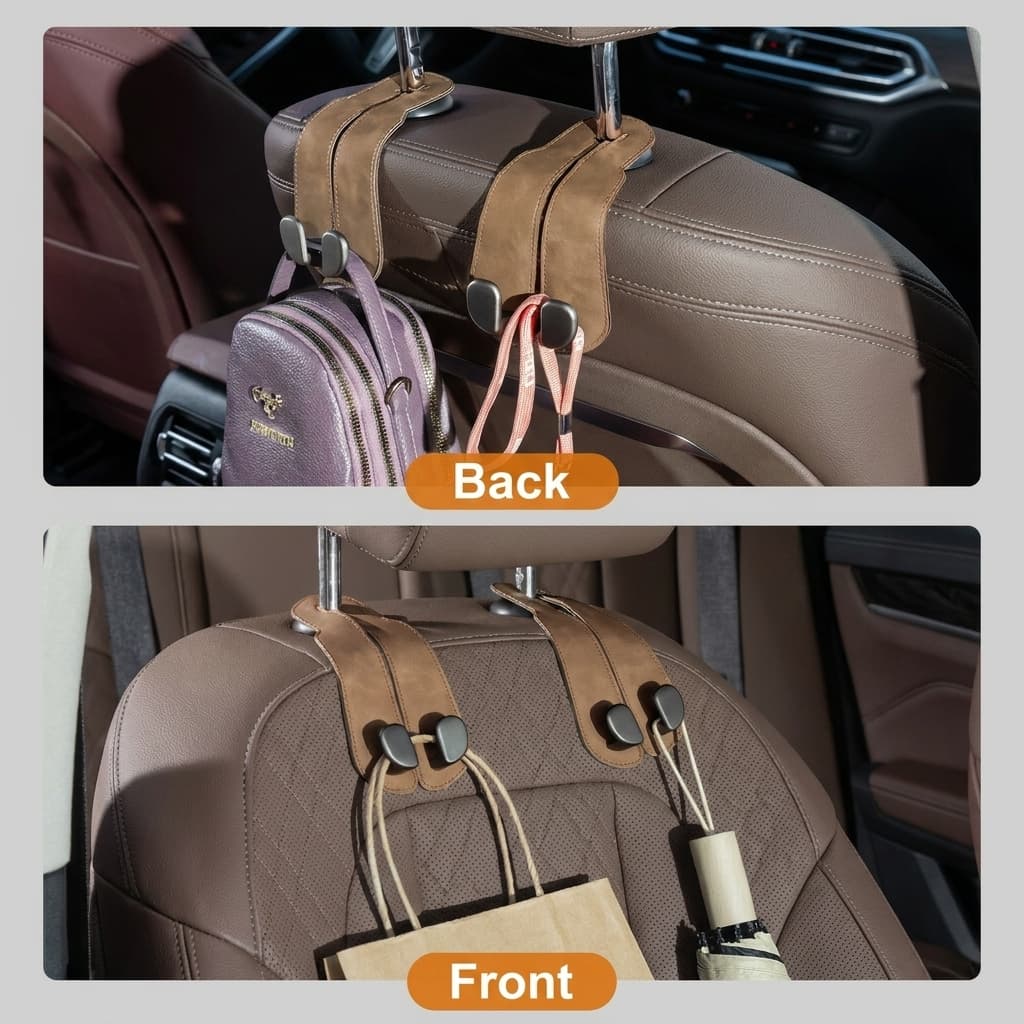 VeltiHook™ – Premium Leather Car Seat Hook | Hang Purses & Bags Instantly | Fits All Cars | 2-Pack (Black)