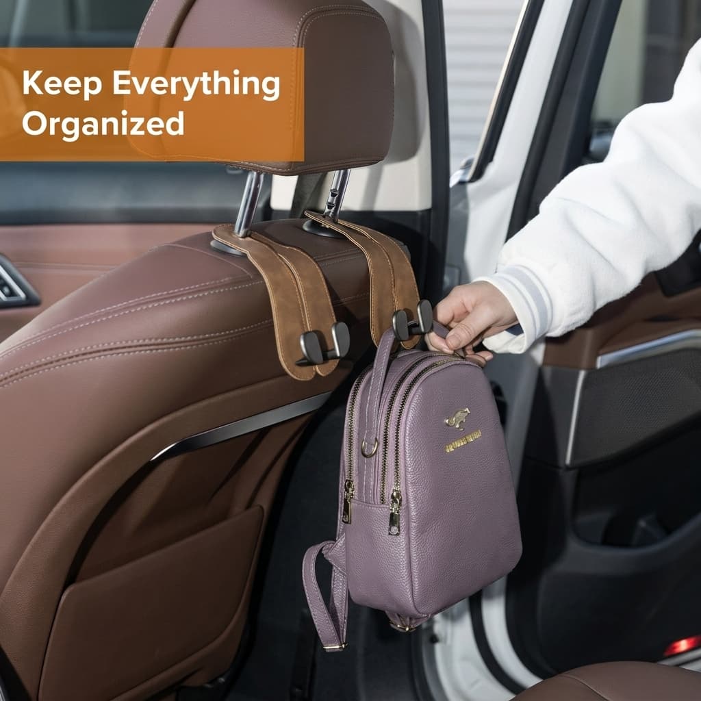 VeltiHook™ – Premium Leather Car Seat Hook | Hang Purses & Bags Instantly | Fits All Cars | 2-Pack (Black)
