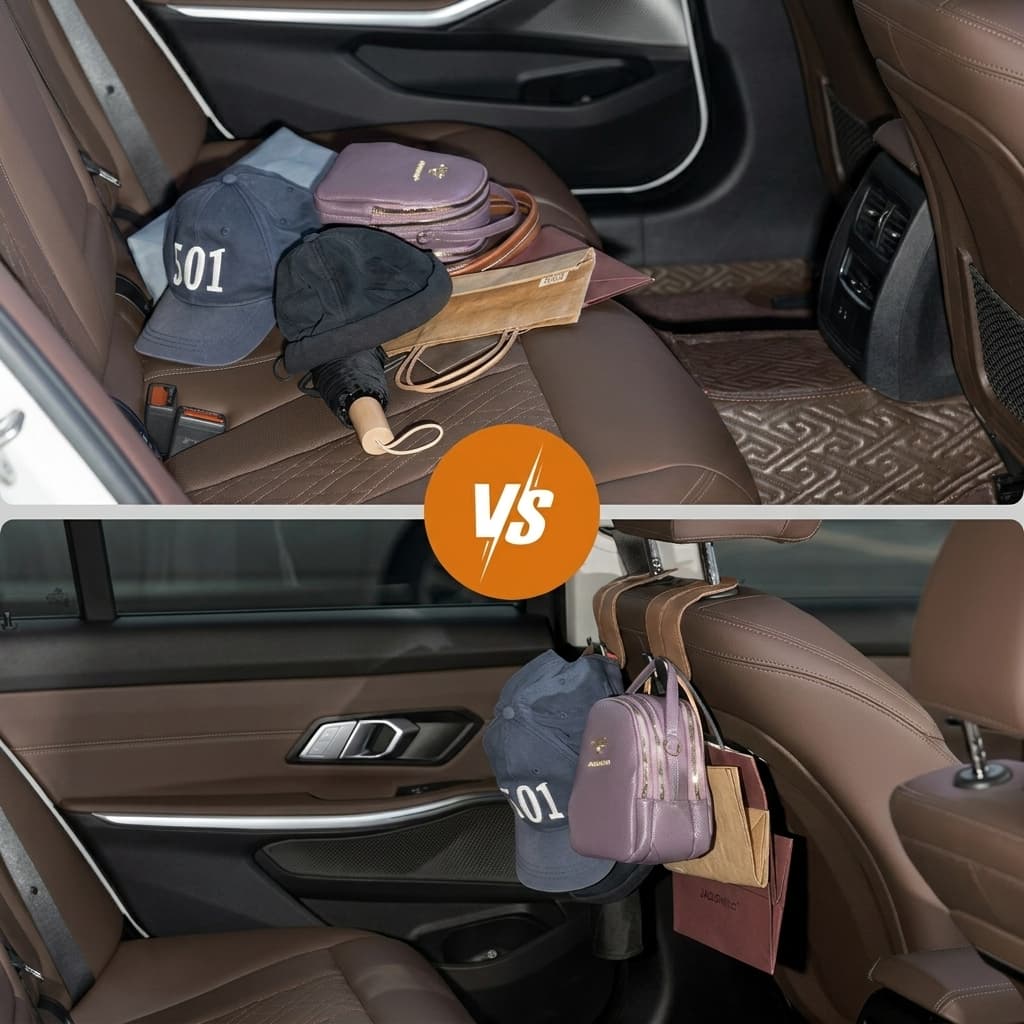 VeltiHook™ – Premium Leather Car Seat Hook | Hang Purses & Bags Instantly | Fits All Cars | 2-Pack (Black)