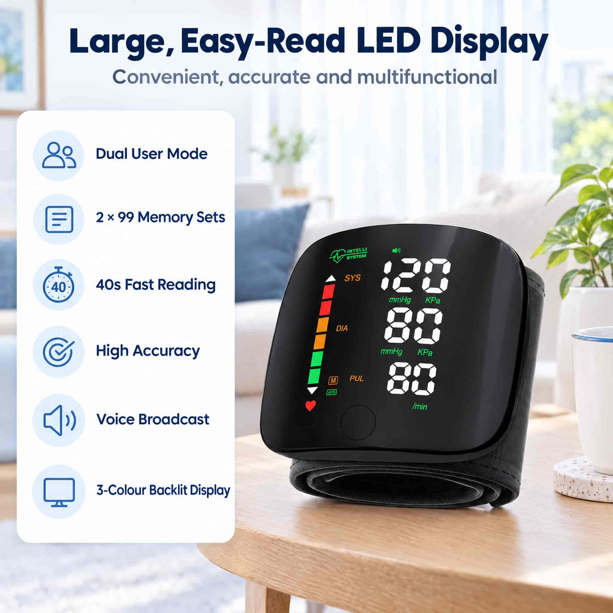 Wrist Blood Pressure Monitor with Voice Guidance – Track BP & Heart Rate at Home