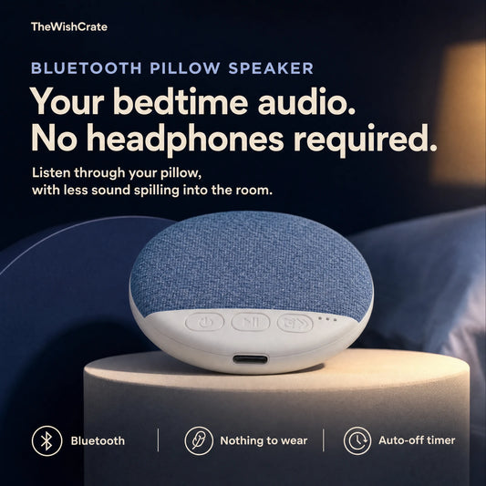 Your bedtime audio. No headphones required. Blue Bluetooth pillow speaker for under-pillow listening, with nothing to wear and an auto-off timer.