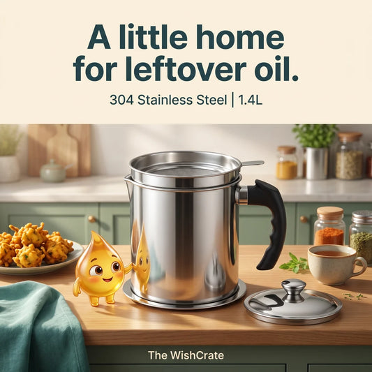 A little home for leftover oil: 1.4L stainless steel oil keeper with removable mesh, lid and the golden oil mascot.