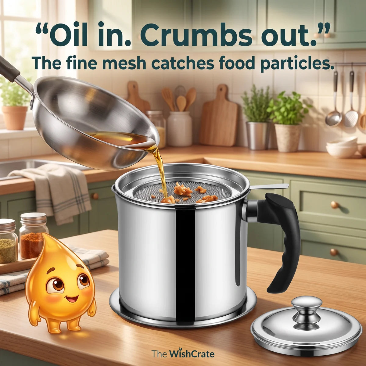 Cooled cooking oil pours through the removable fine mesh, which catches food crumbs above the steel keeper.