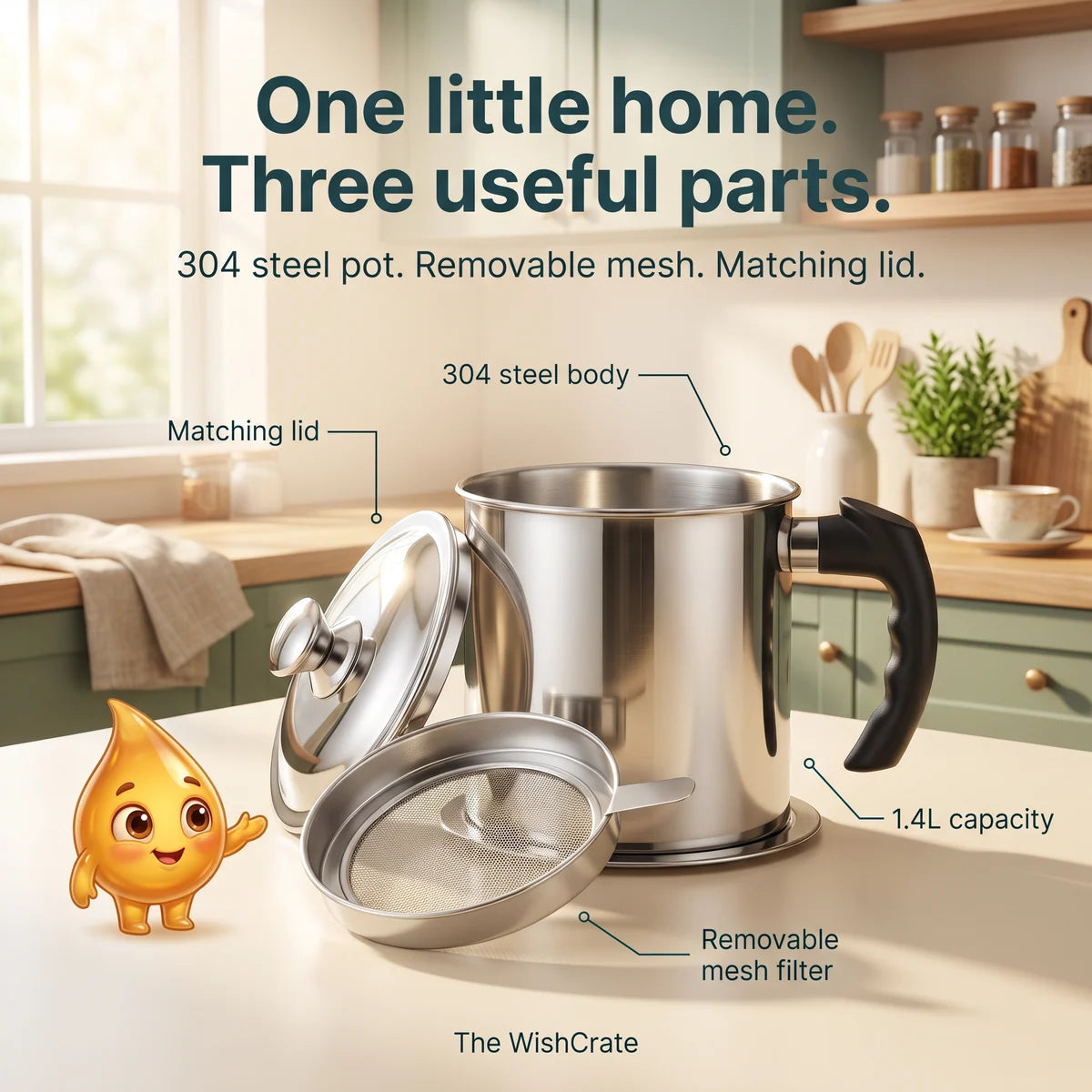 The three parts of Oil’s Little Home: 1.4L 304 stainless steel body, removable mesh filter and matching lid.