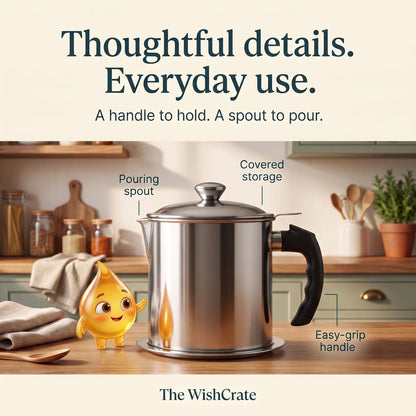 The oil keeper’s pouring spout, matching lid and easy-grip black handle, with the golden oil mascot beside it.