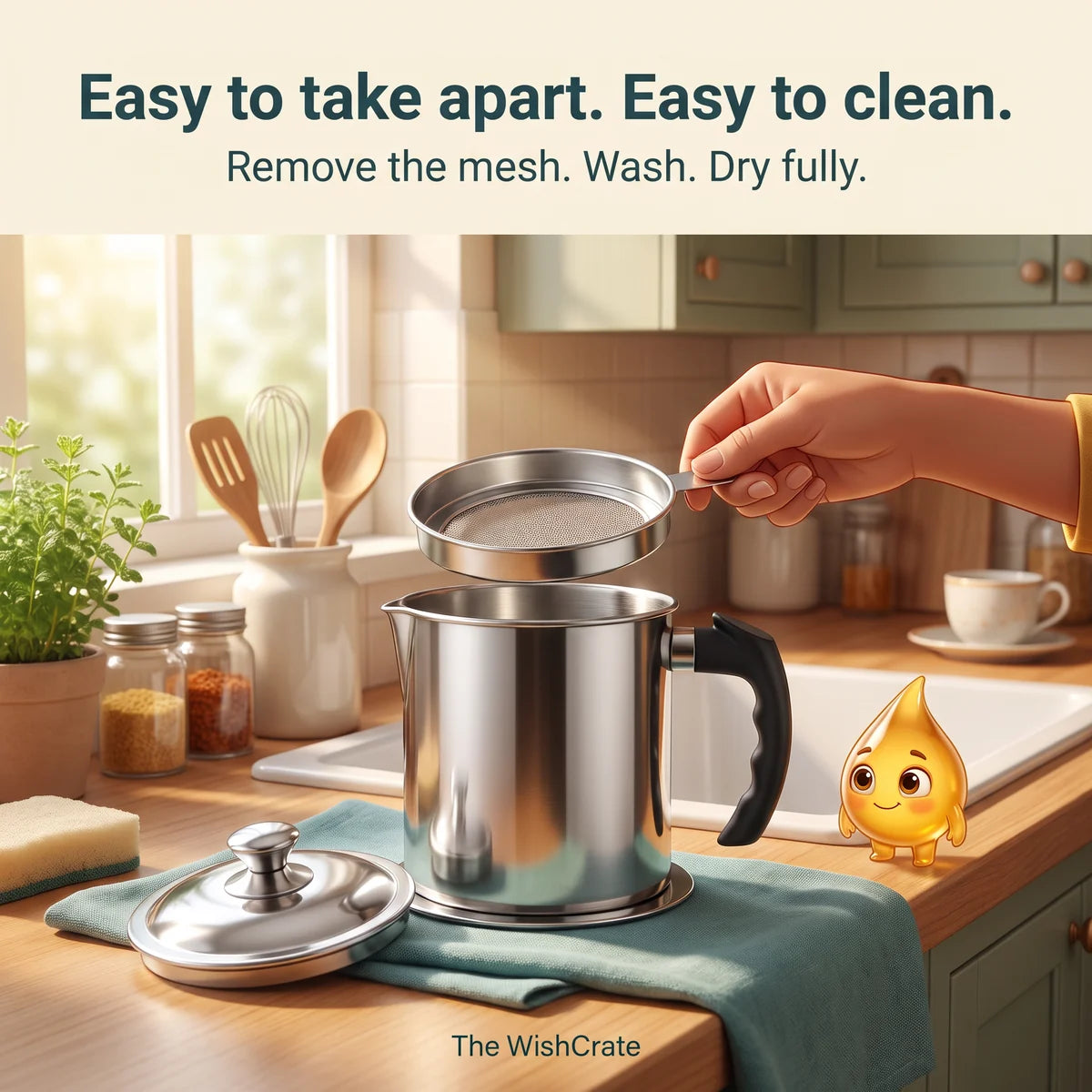 The removable mesh filter lifts out of the steel oil keeper for washing and thorough drying.
