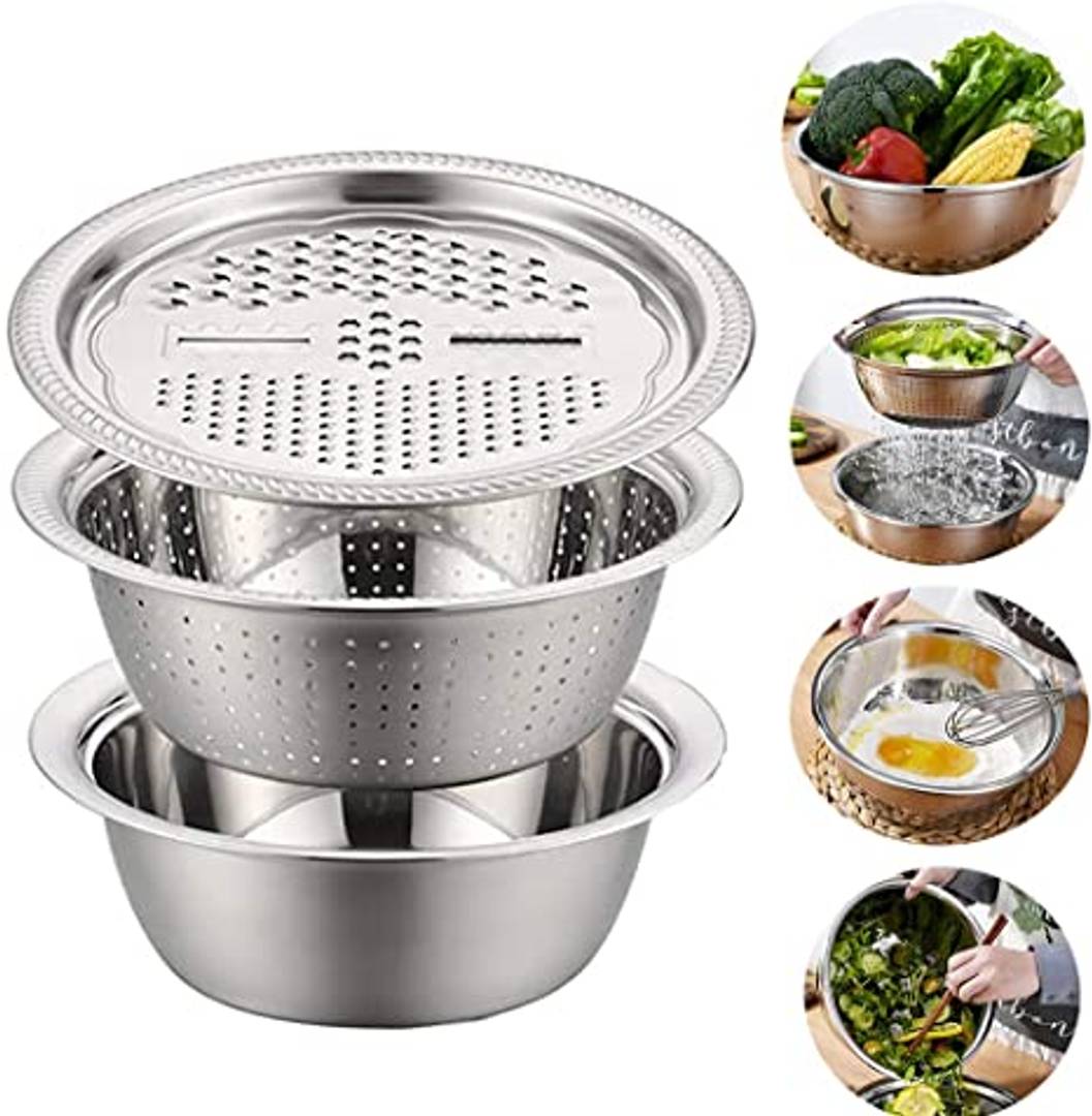 3 in 1 Kitchen Multipurpose Kitchen Stainless Steel Bowl, Drain Basket, Julienne Graters for Vegetable Cutter,Vegetable/Fruit Grater Kitchen Mesh Strainers(Set of 1)