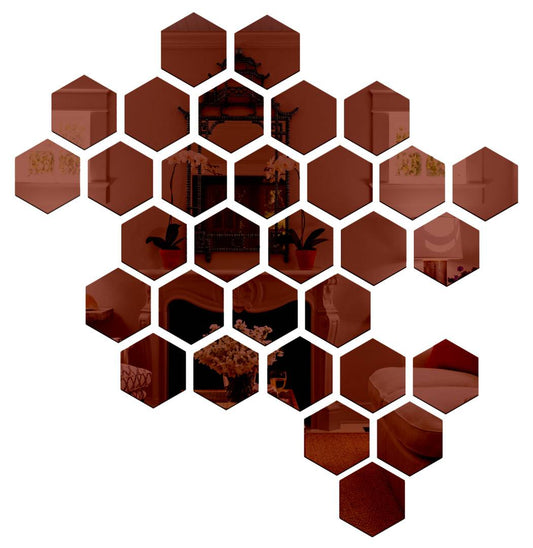 Designer Hexagon Mirror  - Brown, Size 10.5 X 12 cm (Pack Of 31 With 10 Butterflies)