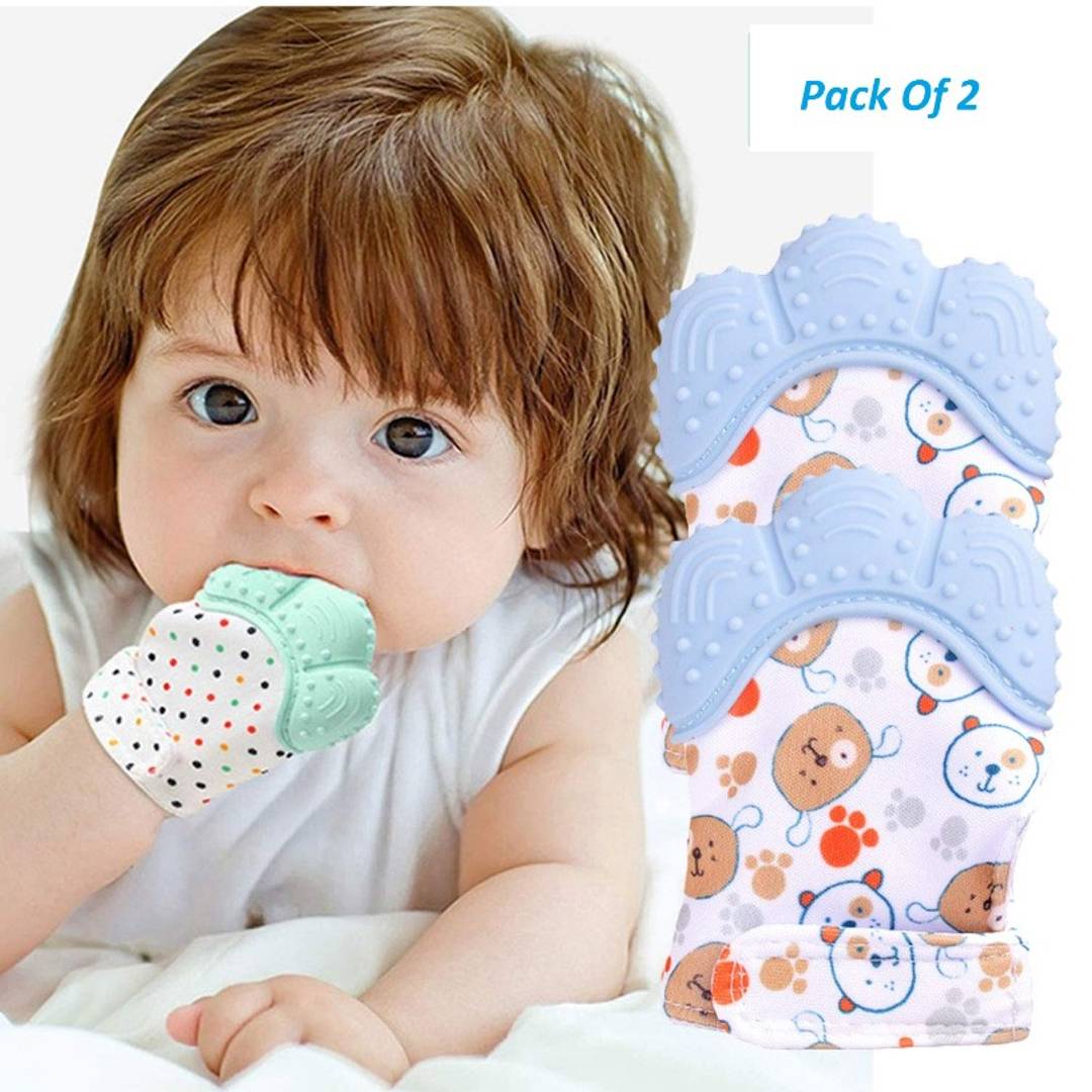 Pack of 2 Teething Mitten with Soothing Toy - Baby Chew Toy and Teething Glove- Infant Teething Mitten Crinkle Sound and Textured Silicone to Soothe Sore and Swollen Gums