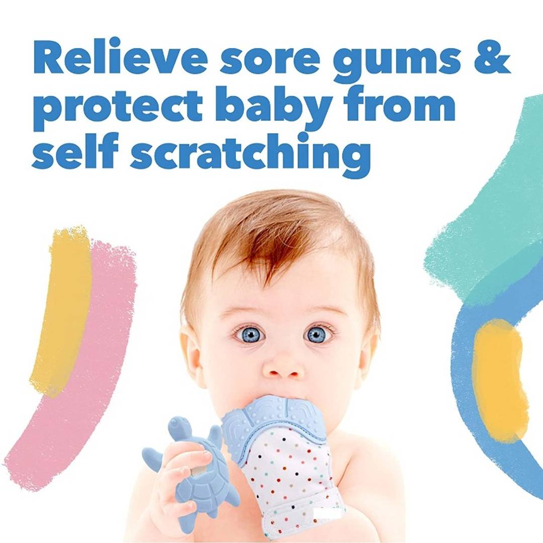 Pack of 2 Teething Mitten with Soothing Toy - Baby Chew Toy and Teething Glove- Infant Teething Mitten Crinkle Sound and Textured Silicone to Soothe Sore and Swollen Gums