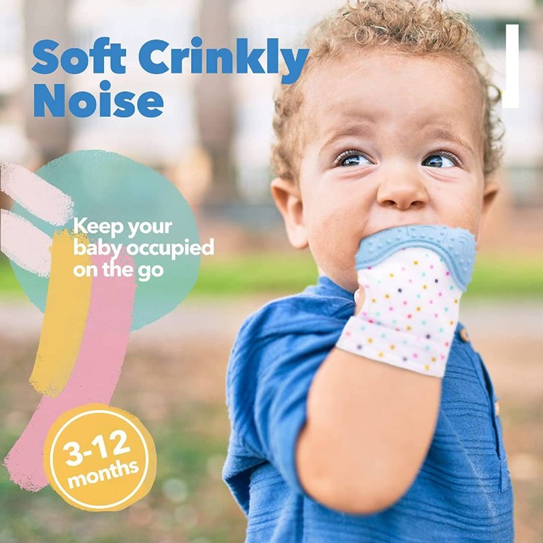Pack of 2 Teething Mitten with Soothing Toy - Baby Chew Toy and Teething Glove- Infant Teething Mitten Crinkle Sound and Textured Silicone to Soothe Sore and Swollen Gums