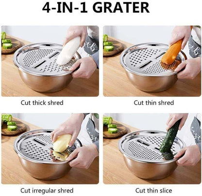 3 in 1 Stainless Steel Basin with Grater, Slicer, Colander, Drain Basket and Salad Maker Bowl (BestSeller)
