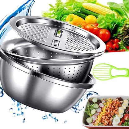 3 in 1 Stainless Steel Basin with Grater, Slicer, Colander, Drain Basket and Salad Maker Bowl (BestSeller)