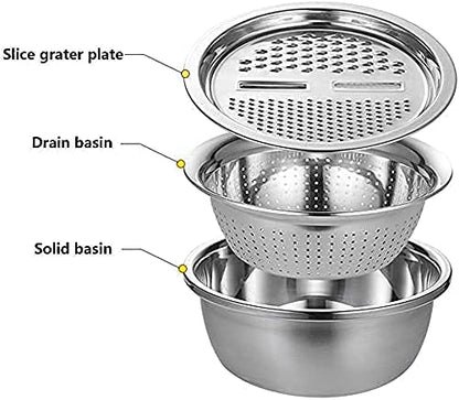 3 in 1 Stainless Steel Basin with Grater, Slicer, Colander, Drain Basket and Salad Maker Bowl (BestSeller)