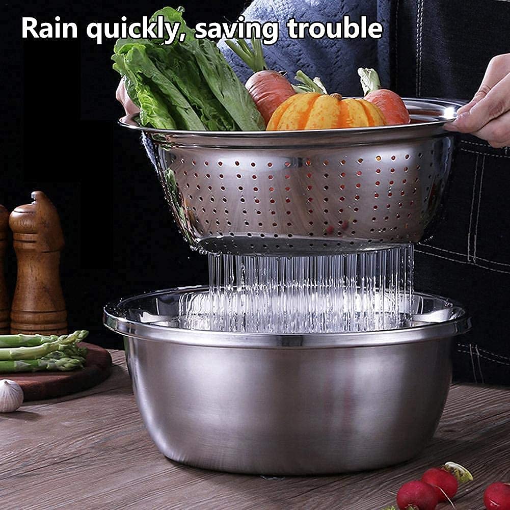 3 in 1 Stainless Steel Basin with Grater, Slicer, Colander, Drain Basket and Salad Maker Bowl (BestSeller)