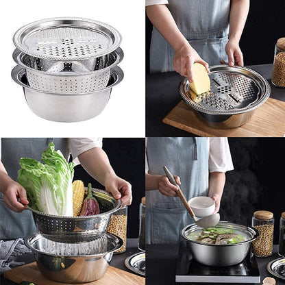 3 in 1 Stainless Steel Basin with Grater, Slicer, Colander, Drain Basket and Salad Maker Bowl (BestSeller)