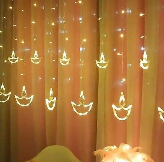 12 Hanging Warm White Diya/Diwali Light Curtain Led String Lights - 8 Flashing Modes Decoration Prong Base