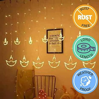 12 Hanging Warm White Diya/Diwali Light Curtain Led String Lights - 8 Flashing Modes Decoration Prong Base