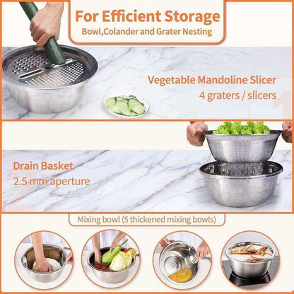 3 in 1 Stainless Steel Basin with Grater, Slicer, Colander, Drain Basket and Salad Maker Bowl (BestSeller)