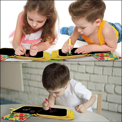 Erasable Doodle Book - Magic Drawing Book with 14 Pages & 12 Water Soluble Chalk Markers (12 Colors,2 Markers of Each Color)- Kids