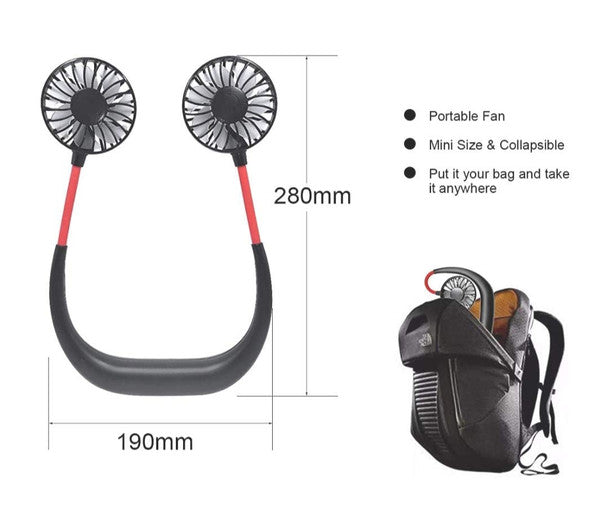 Portable USB Rechargeable Neckband Mini Fan (Multicolor)