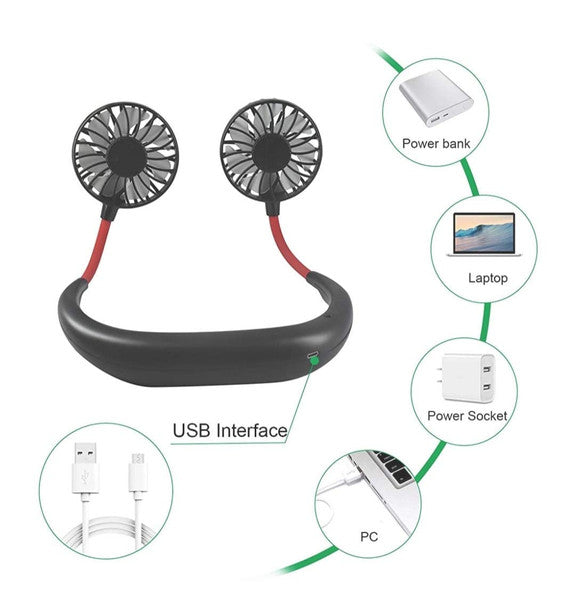 Portable USB Rechargeable Neckband Mini Fan (Multicolor)