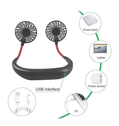 Portable USB Rechargeable Neckband Mini Fan (Multicolor)