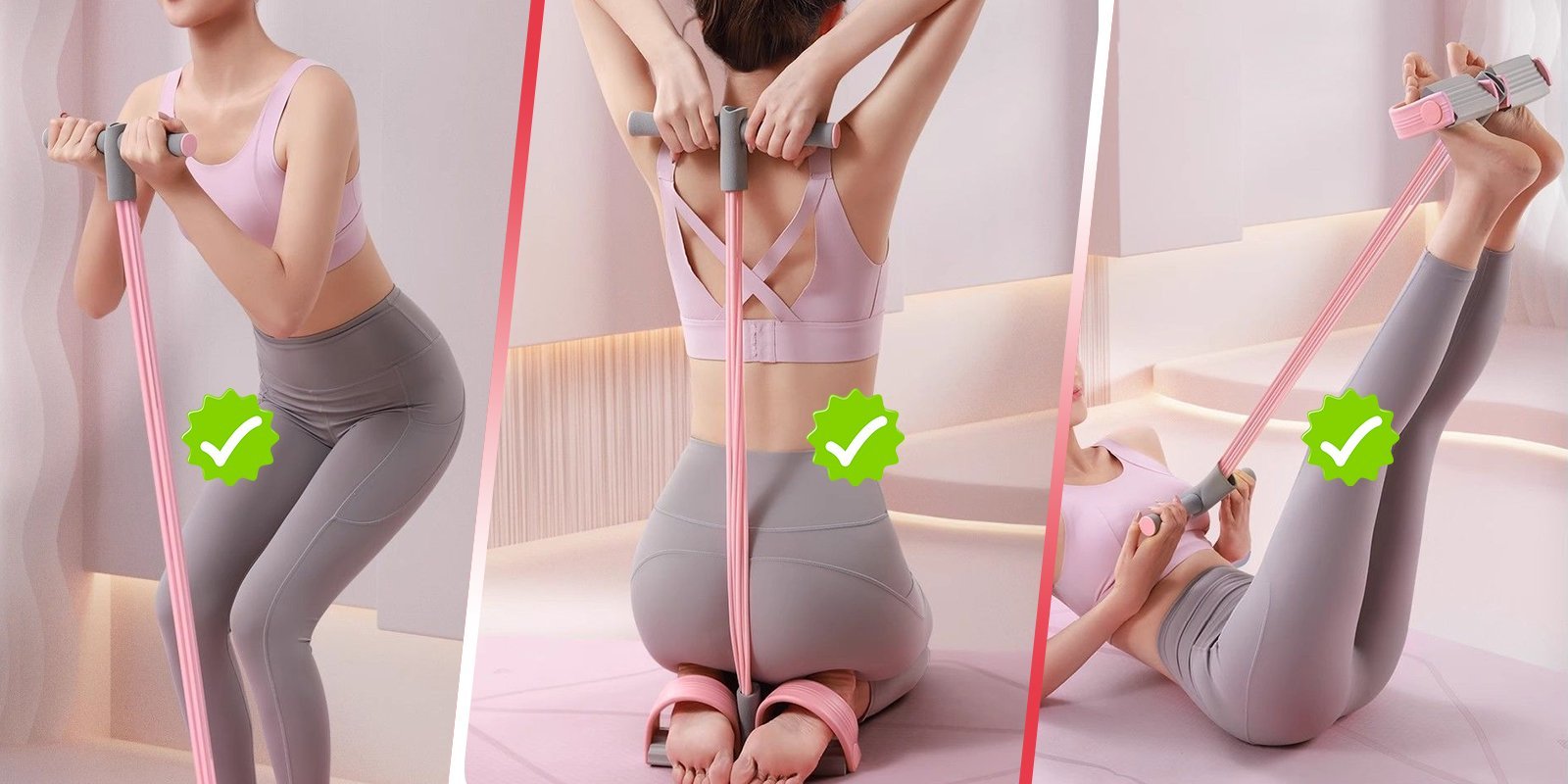 Women exercising with a multifunction pedal resistance band